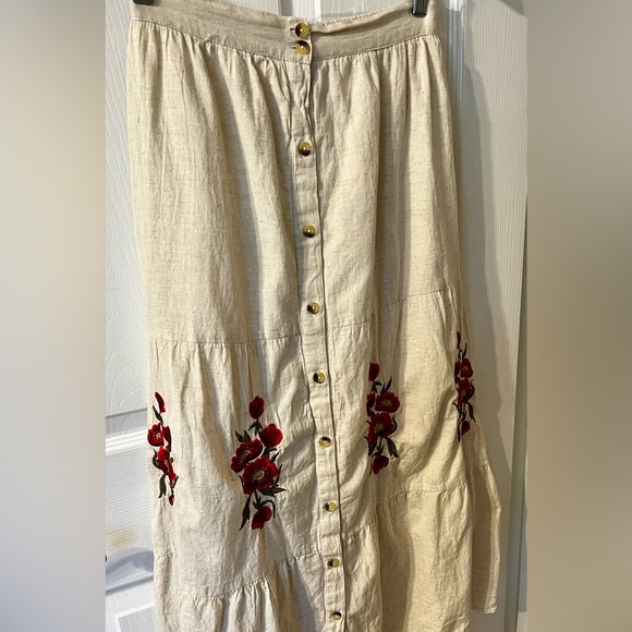 Linen Maxi Skirt with Embroidered Red Flowers; Beige/Cream; Small - Picture 2 of 5